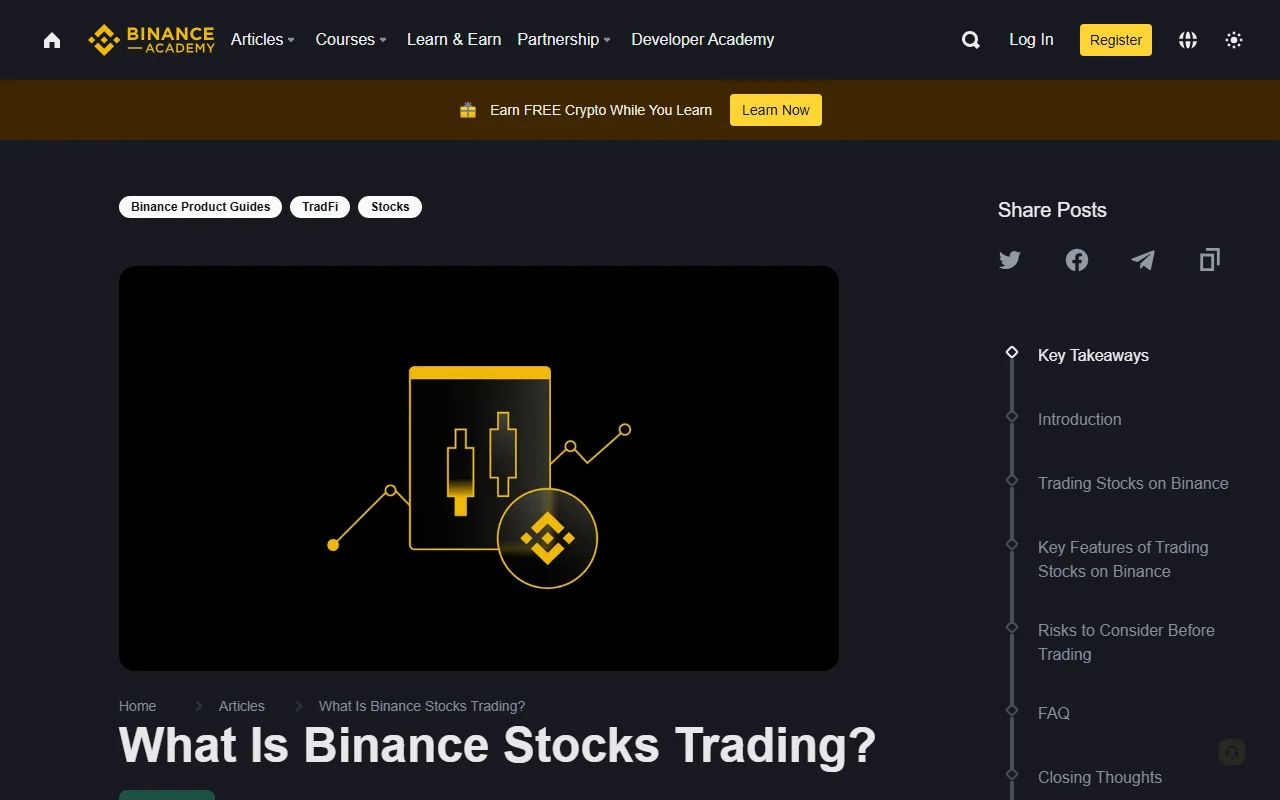 Binance Academy rasmiy Stocks Trading sahifasi, mahsulot nomi, navigatsiya bo‘limlari va aksiya savdosi tasviri