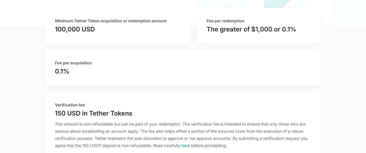 Tether’ning rasmiy to‘lovlar sahifasi: minimal qaytarish summasi 100 000 USD, qaytarish to‘lovi 1 000 dollar yoki 0,1% dan kattasi, tekshiruv to‘lovi 150 USD