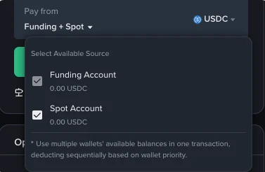 Binance 股票訂單付款來源選單,可勾選資金帳戶與現貨帳戶並以 USDC 支付