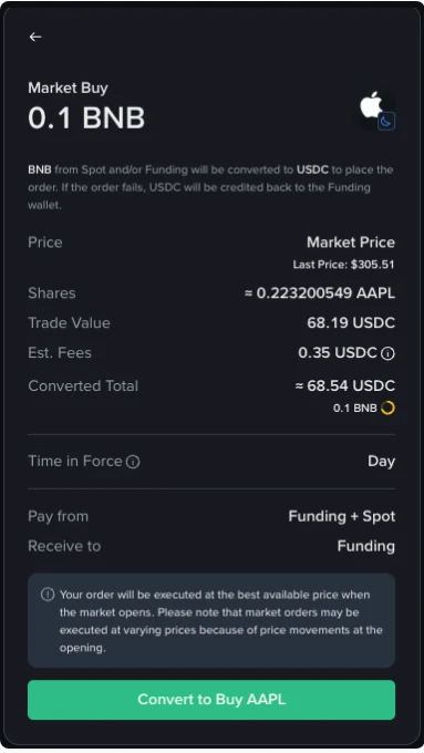 Binance 股票市價買單預覽，顯示股數、交易價值、預估費用、資金來源與有效期限