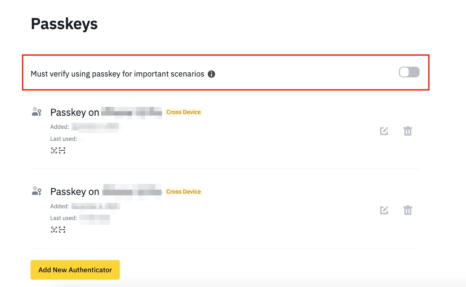 Binance Passkey boshqaruvi; muhim amal uchun Passkey talab qilish varianti