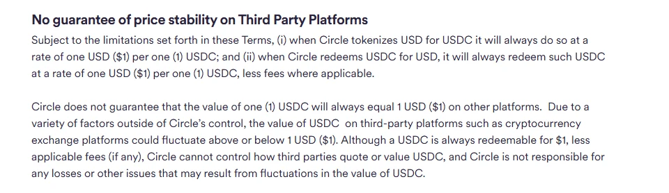 Circle USDC shartlarining 13-bo‘limi: «No guarantee of price stability on Third Party Platforms» — uchinchi tomon platformalarida USDC narxi 1 dollardan og‘ishi mumkinligi haqidagi band