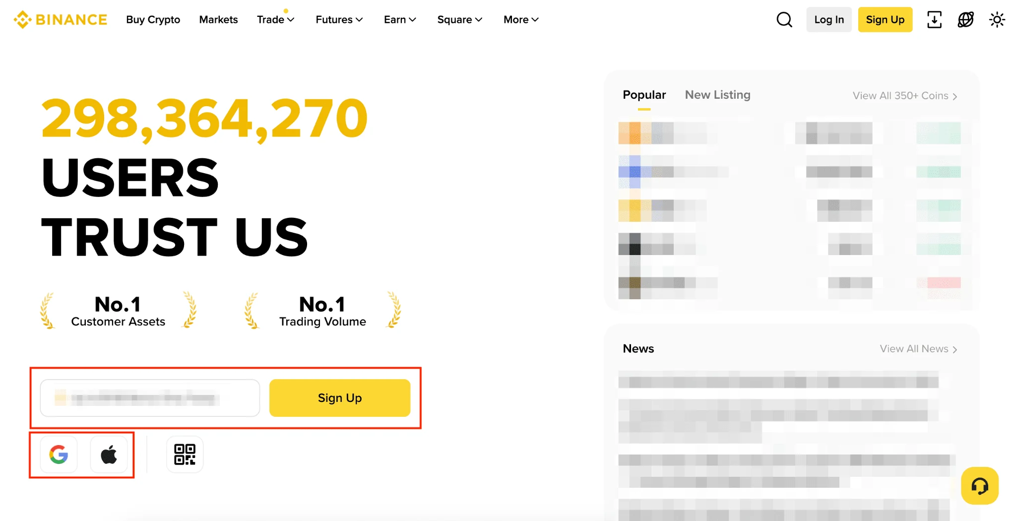 Binance rasmiy ro‘yxatdan o‘tish sahifasi; e-pochta yoki telefon maydoni, Google va Apple variantlari qizil ramkada
