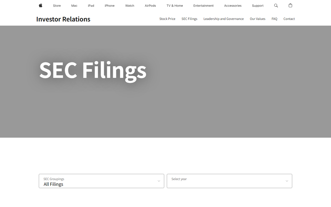 Apple investorlar saytidagi inglizcha SEC Filings sahifasi, SEC Groupings va Select year filtrlari ko‘rinib turibdi