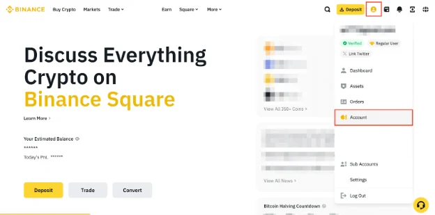 Binance hisob menyusi; xavfsizlik sozlamasiga kirish qizil ramkada